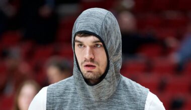 Jan 29, 2020; Portland, OR, USA; Portland Trail Blazers forward Mario Hezonja (44) warms up before a game against the Houston Rockets at the Moda Center. Mandatory Credit: Craig Mitchelldyer-USA TODAY Sports