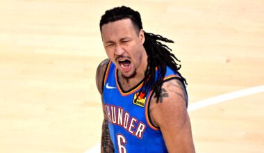 May 30, 2026; Oklahoma City, Oklahoma, USA; Oklahoma City Thunder forward Jaylin Williams (6) reacts in the third quarter against the San Antonio Spurs during game seven of the western conference finals for the 2026 NBA playoffs at Paycom Center. Mandatory Credit: Jerome Miron-Imagn Images