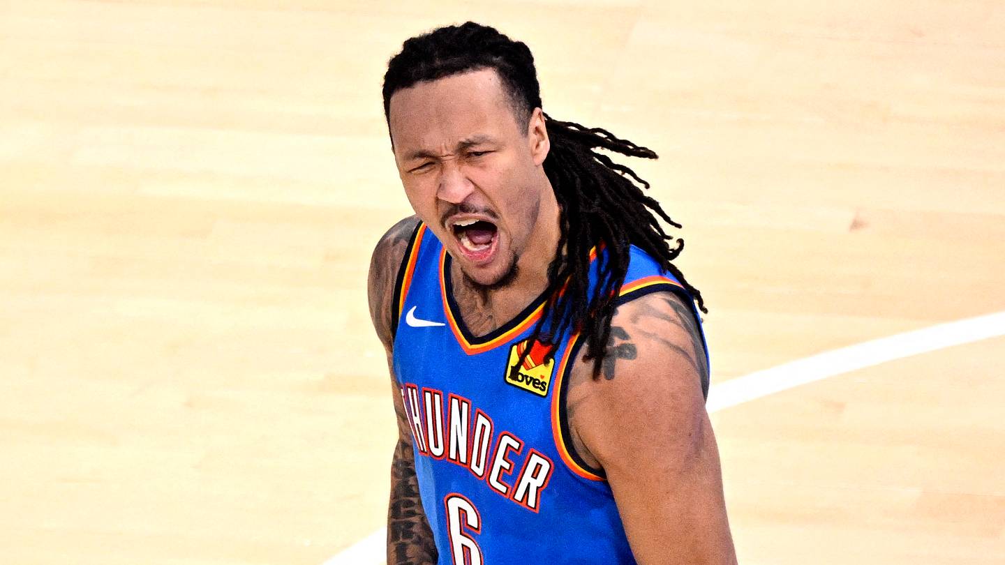 May 30, 2026; Oklahoma City, Oklahoma, USA; Oklahoma City Thunder forward Jaylin Williams (6) reacts in the third quarter against the San Antonio Spurs during game seven of the western conference finals for the 2026 NBA playoffs at Paycom Center. Mandatory Credit: Jerome Miron-Imagn Images