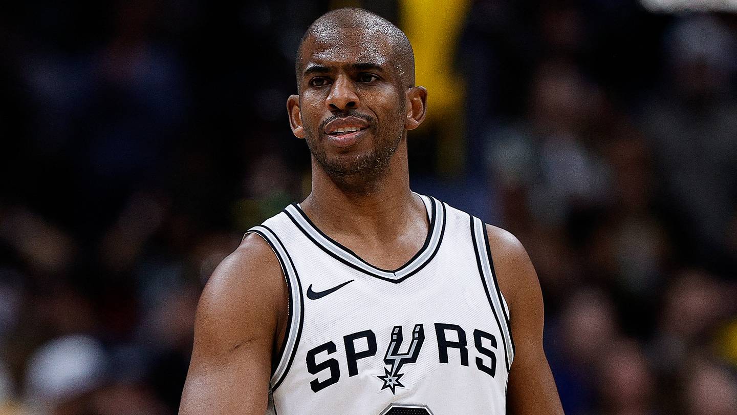 Apr 2, 2025; Denver, Colorado, USA; San Antonio Spurs guard Chris Paul (3) in the first quarter against the Denver Nuggets at Ball Arena. Mandatory Credit: Isaiah J. Downing-Imagn Images