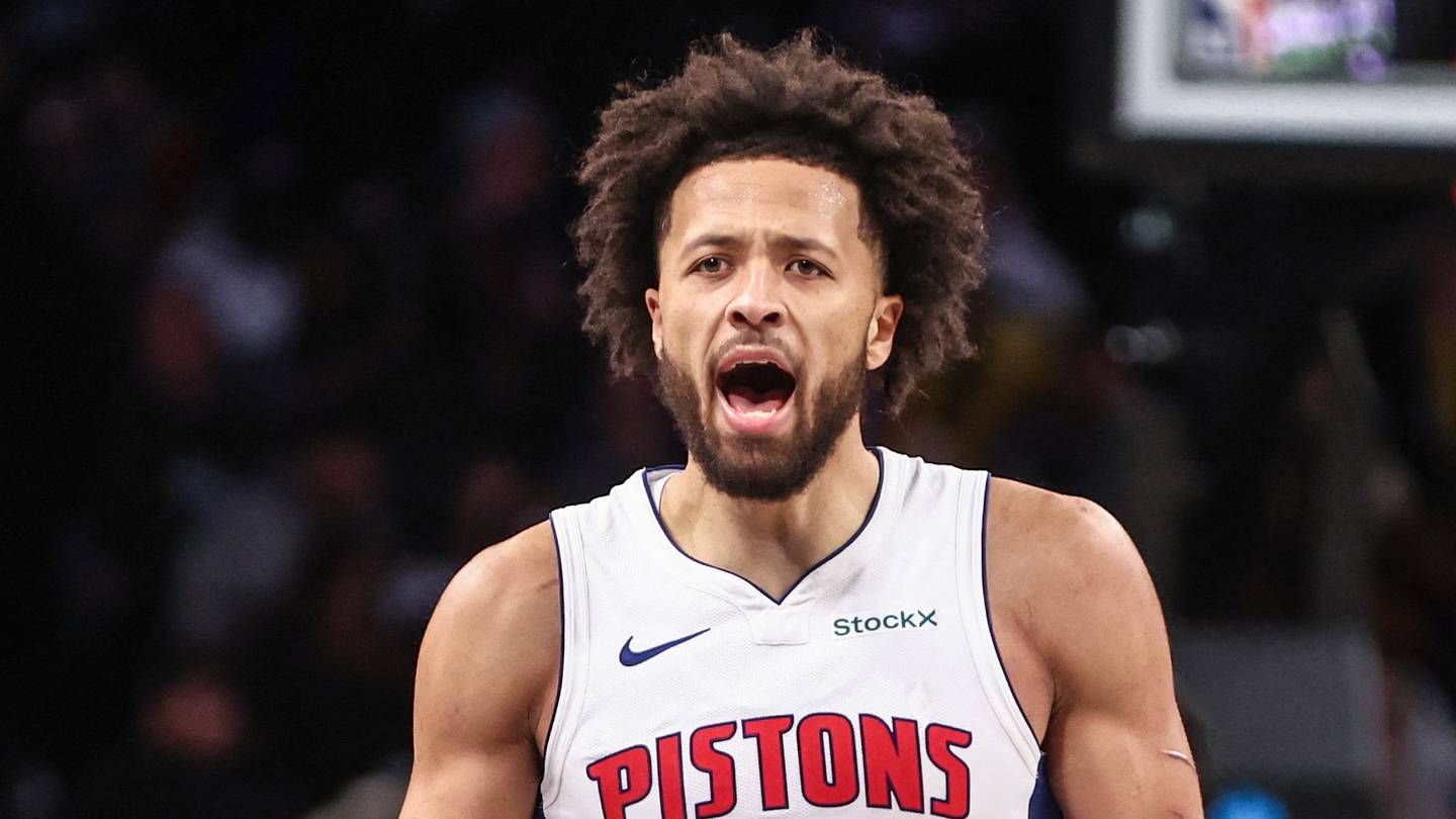 Nov 3, 2024; Brooklyn, New York, USA;  Detroit Pistons guard Cade Cunningham (2) reacts after being called for a turnover in the fourth quarter against the Brooklyn Nets at Barclays Center. Mandatory Credit: Wendell Cruz-Imagn Images