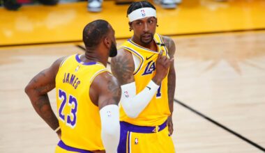 May 25, 2021; Phoenix, Arizona, USA; Los Angeles Lakers forward LeBron James (23) talks with guard Kentavious Caldwell-Pope (1) against the Phoenix Suns during game two of the first round of the 2021 NBA Playoffs at Phoenix Suns Arena. Mandatory Credit: Mark J. Rebilas-USA TODAY Sports