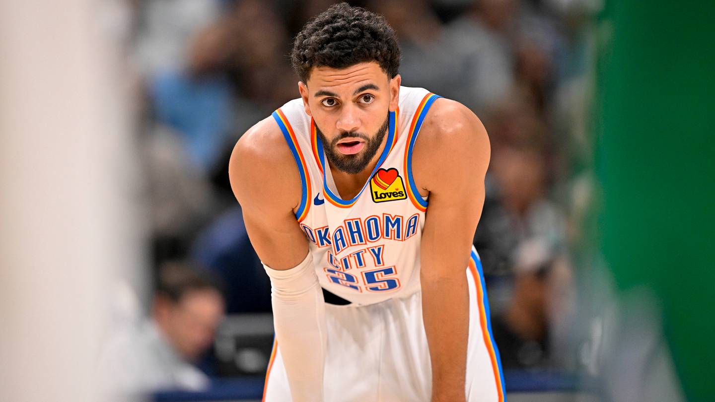 Oct 27, 2025; Dallas, Texas, USA; Oklahoma City Thunder guard Ajay Mitchell (25) looks on during the game between the Mavericks and the Thunder at the American Airlines Center. Mandatory Credit: Jerome Miron-Imagn Images