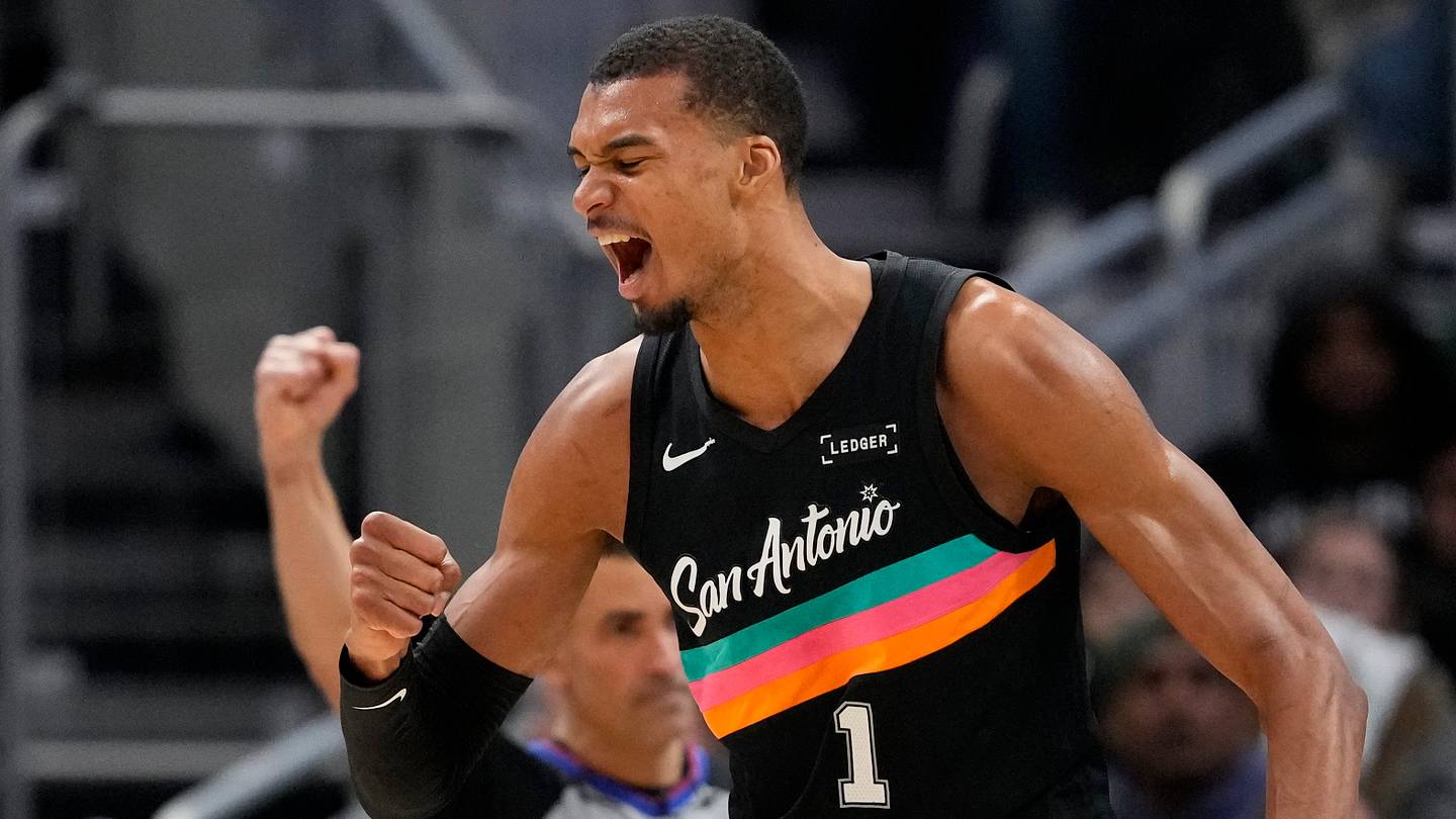 Mar 28, 2026; Milwaukee, Wisconsin, USA;  San Antonio Spurs forward Victor Wembanyama (1) celebrates after scoring a basket during the fourth quarter against the Milwaukee Bucks at Fiserv Forum. Mandatory Credit: Jeff Hanisch-Imagn Images