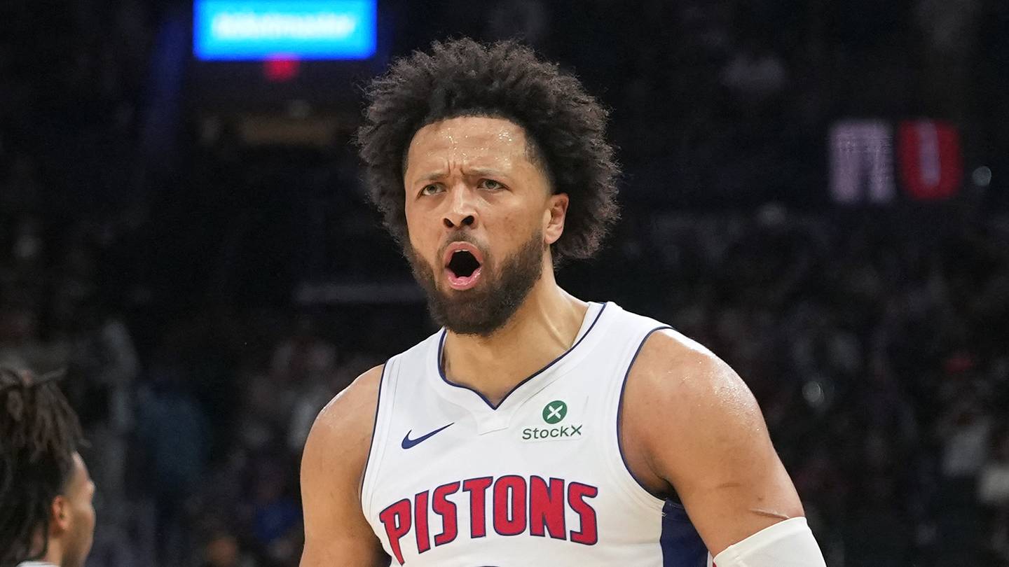 Mar 5, 2026; San Antonio, Texas, USA; Detroit Pistons guard Cade Cunningham (2) reacts after drawing a foul while scoring a three point basket during the second half against the San Antonio Spurs at Frost Bank Center. Mandatory Credit: Scott Wachter-Imagn Images