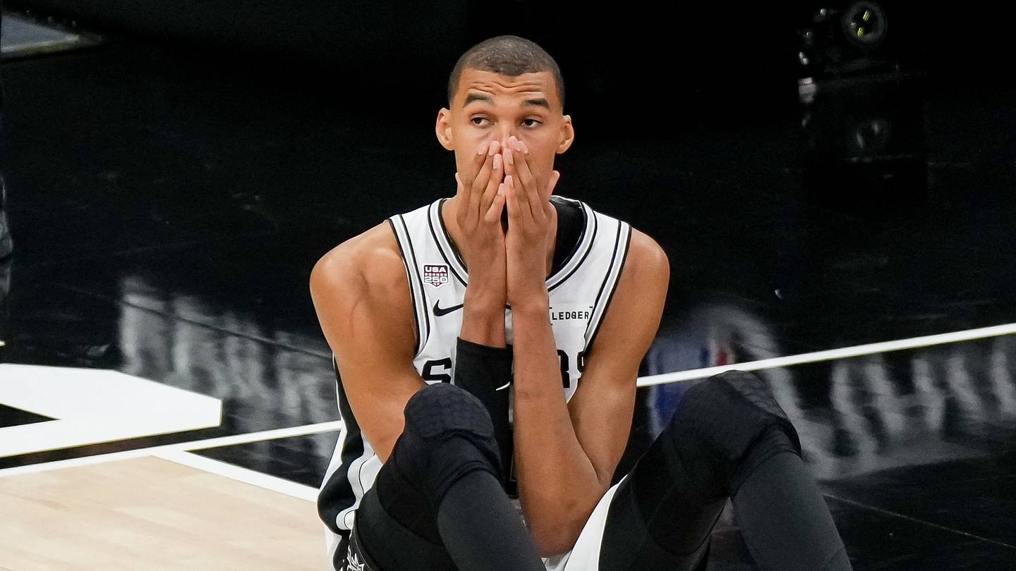 Jun 13, 2026; San Antonio, Texas, USA; San Antonio Spurs forward Victor Wembanyama (1) reacts after a play against the New York Knicks in the second half during game five of the 2026 NBA Finals at Frost Bank Center. Mandatory Credit: Scott Wachter-Imagn Images