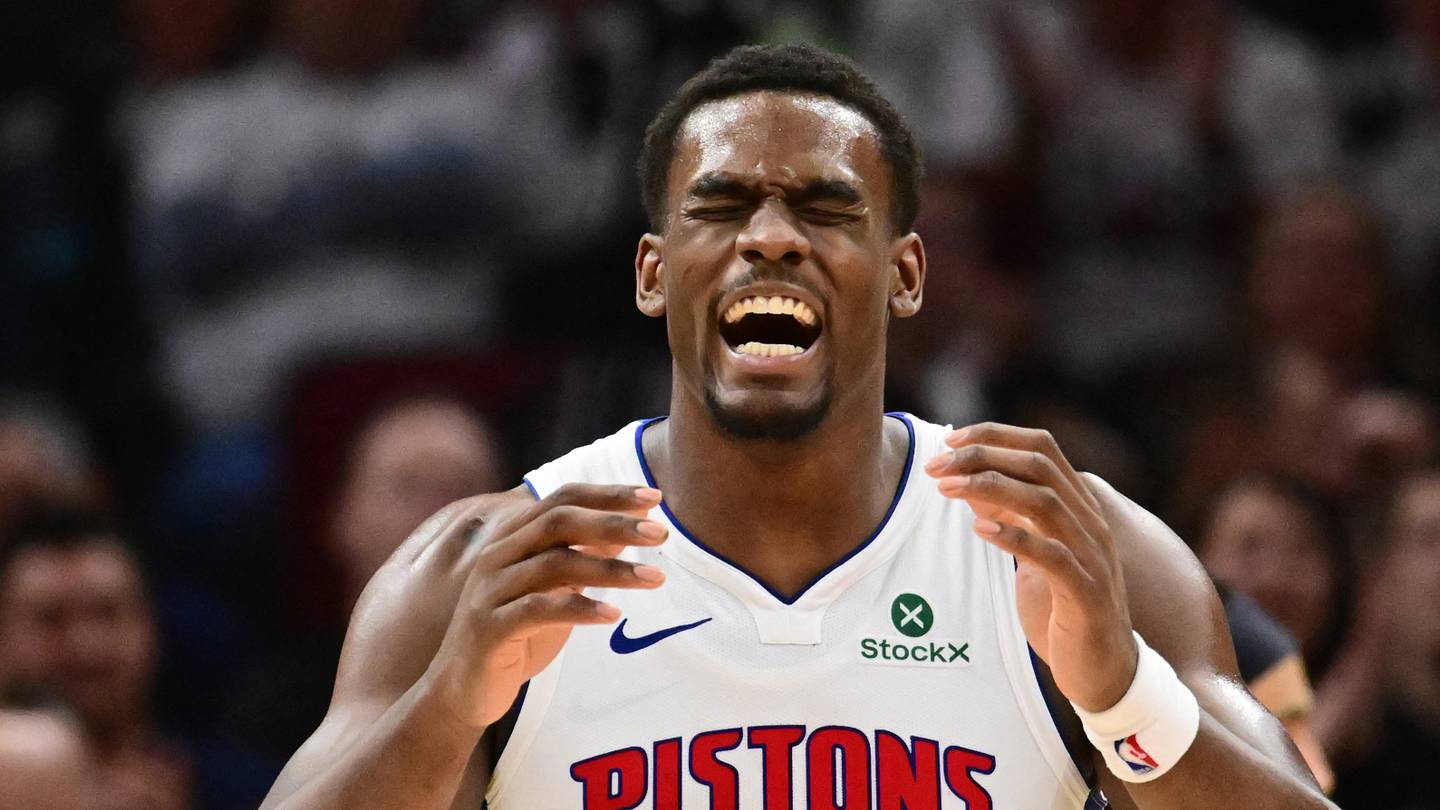 May 11, 2026; Cleveland, Ohio, USA; Detroit Pistons center Jalen Duren (0) reacts after a play against the Cleveland Cavaliers during the second half of game four in the second round of the 2026 NBA Playoffs at Rocket Arena. Mandatory Credit: Ken Blaze-Imagn Images