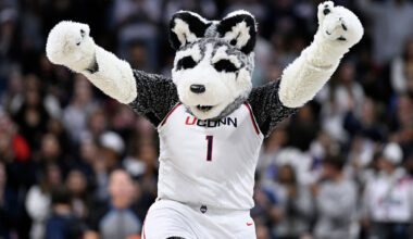 UConn mascot, Jonathan The Husky in the first half of an NCAA college basketball game against Creighton, Wednesday, Feb. 11, 2026, in Storrs, Conn. (AP Photo/Jessica Hill)