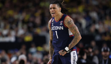 INDIANAPOLIS, INDIANA - APRIL 06: Solo Ball #1 of the UConn Huskies reacts during the first half of a game against the Michigan Wolverines in the National Championship of the 2026 NCAA Men's Basketball Tournament.