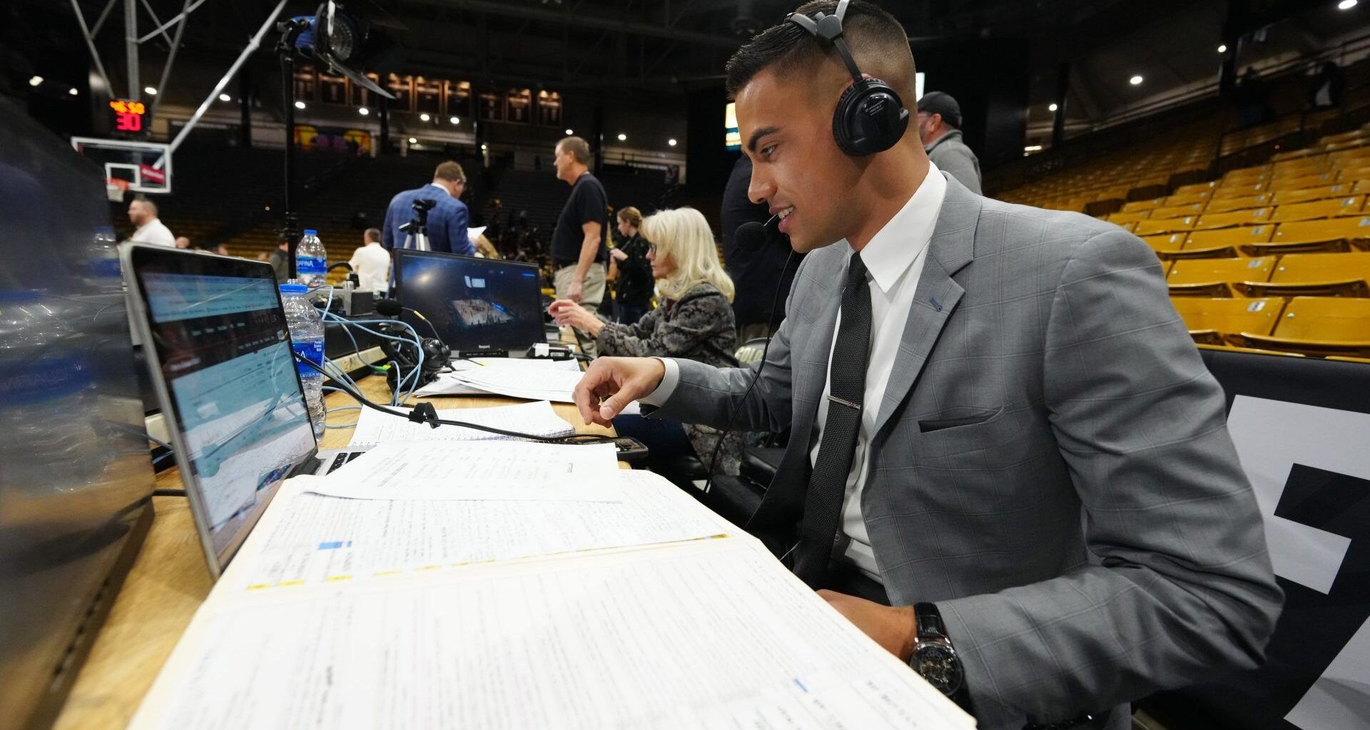 Jan 7, 2023; Boulder, Colorado, USA; PAC 12 sports broadcaster Jacob Tobey prior to the game between the Oregon State Beavers against the Colorado Buffaloes at CU Events Center. Mandatory Credit: Ron Chenoy-USA TODAY Sports