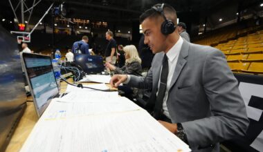 Jan 7, 2023; Boulder, Colorado, USA; PAC 12 sports broadcaster Jacob Tobey prior to the game between the Oregon State Beavers against the Colorado Buffaloes at CU Events Center. Mandatory Credit: Ron Chenoy-USA TODAY Sports