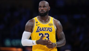 Apr 18, 2026; Los Angeles, California, USA; Los Angeles Lakers forward LeBron James (23) reacts against the Houston Rockets during game one of the first round of the 2026 NBA Playoffs at Crypto.com Arena. Mandatory Credit: Kirby Lee-Imagn Images