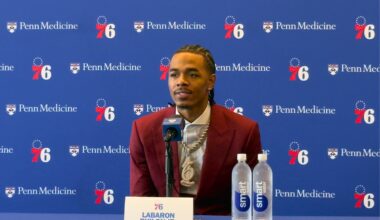 Sixers first round draft pick Labaron Philon Jr. addresses the media during an introductory press conference at the Philadelphia 76ers Training Complex.