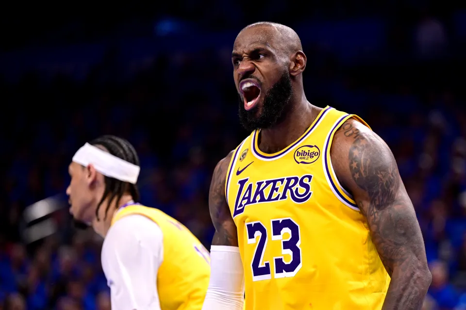 LeBron James #23 of the Los Angeles Lakers reacts during the third quarter of a game against the Oklahoma City Thunder in Game One of the Second Round of the NBA Western Conference Playoffs at Paycom Center on May 05, 2026