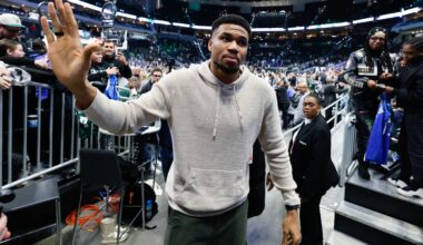 FILE - Milwaukee Bucks forward Giannis Antetokounmpo walks off the court after an NBA basketball game against the Brooklyn Nets, Friday, April 10, 2026, in Milwaukee. (AP Photo/Jeffrey Phelps, File)