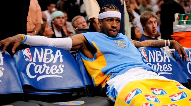 Denver Nuggets vs Los Angeles Lakers NBA Playoffs Game 4 Monday, April 28, 2008 at the Pepsi Center in Denver, Co. Denver Nuggets' Allen Iverson (3) on the bench in the second quarter.
