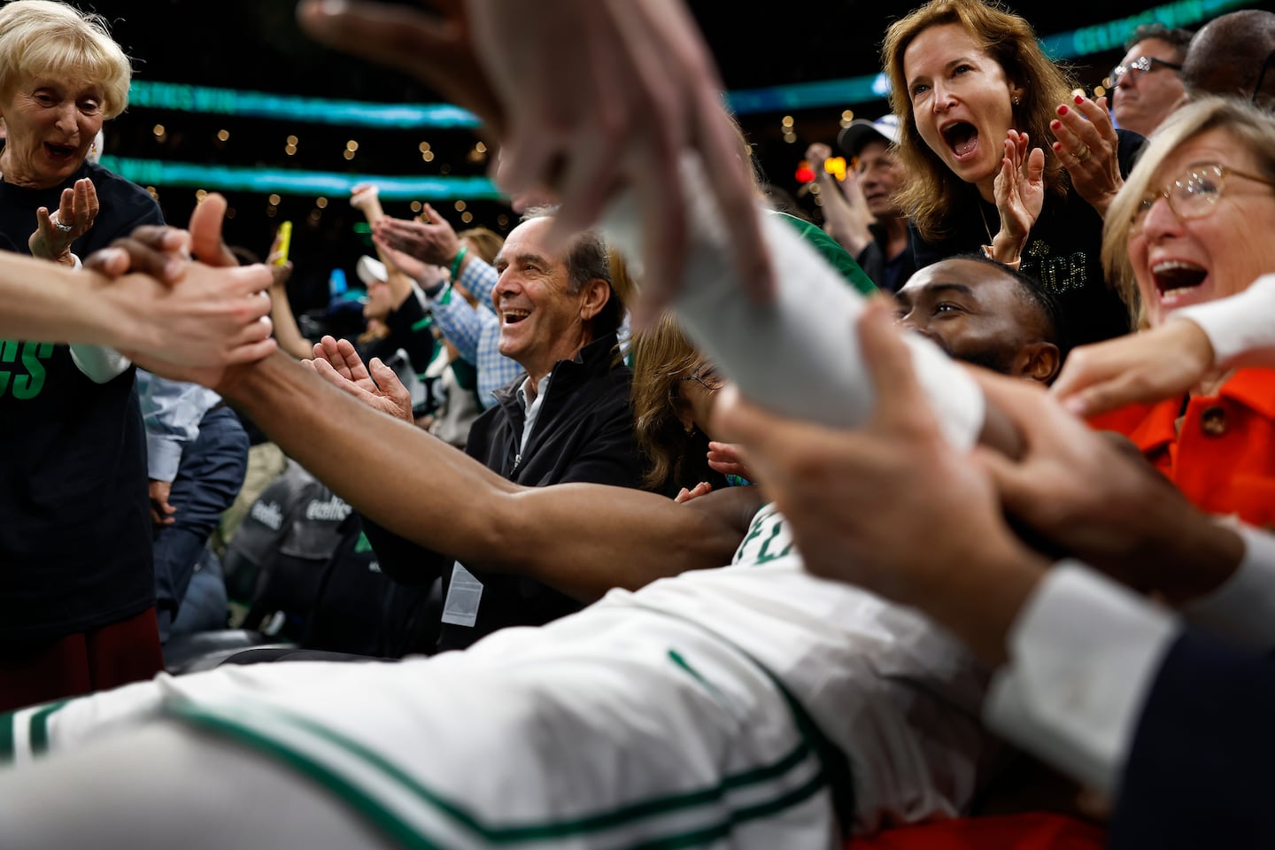 Jaylen Brown delighted Celtics fans when he plunged into the courtside seats as time ran out in a game against the Pacers in 2024.