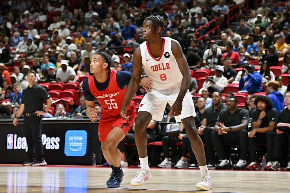 LAS VEGAS, NEVADA - JULY 14: Seth Trimble #55 of the <a class="link " href="https://sports.yahoo.com/nba/teams/washington/" data-i13n="sec:content-canvas;subsec:anchor_text;elm:context_link" data-ylk="slk:Washington Wizards;sec:content-canvas;subsec:anchor_text;elm:context_link;itc:0" data-yga="{"yLinkElement":"context_link","yModuleName":"content-canvas","yLinkText":"Washington Wizards","ySubModuleName":"anchor_text","yHasCommerce":false}">Washington Wizards</a> and Caleb Wilson #8 of the <a class="link " href="https://sports.yahoo.com/nba/teams/chicago/" data-i13n="sec:content-canvas;subsec:anchor_text;elm:context_link" data-ylk="slk:Chicago Bulls;sec:content-canvas;subsec:anchor_text;elm:context_link;itc:0" data-yga="{"yLinkElement":"context_link","yModuleName":"content-canvas","yLinkText":"Chicago Bulls","ySubModuleName":"anchor_text","yHasCommerce":false}">Chicago Bulls</a> fight for position during the first half of a 2026 NBA Summer League game at the Thomas & Mack Center on July 14, 2026 in Las Vegas, Nevada. NOTE TO USER: User expressly acknowledges and agrees that, by downloading and or using this photograph, User is consenting to the terms and conditions of the Getty Images License Agreement. (Photo by Allen Berezovsky/Getty Images) | Getty Images