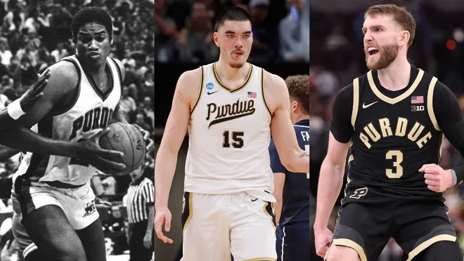 (From left): Joe Barry Carroll, Zach Edey, Braden Smith of Purdue basketball