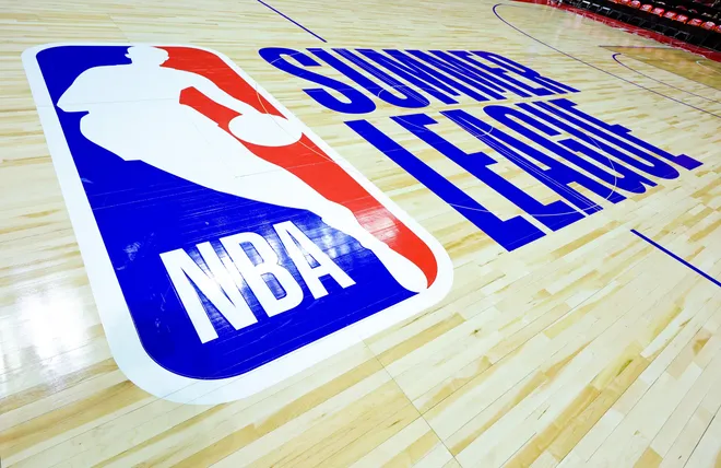 LAS VEGAS, NEVADA - JULY 09: An NBA Summer League logo is shown on center court after a 2026 NBA Summer League game between the Sacramento Kings and the LA Clippers at the Thomas & Mack Center on July 09, 2026 in Las Vegas, Nevada. NOTE TO USER: User expressly acknowledges and agrees that, by downloading and or using this photograph, User is consenting to the terms and conditions of the Getty Images License Agreement. (Photo by Ethan Miller/Getty Images)