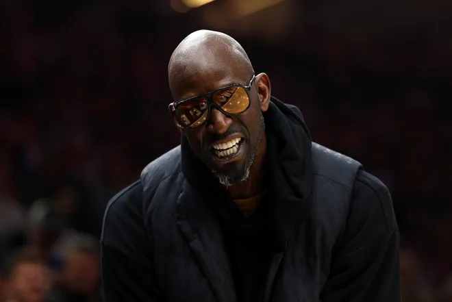 MINNEAPOLIS, MINNESOTA - APRIL 12: Former Minnesota Timberwolves player Kevin Garnett looks on prior to the start of the game between the New Orleans Pelicans and Minnesota Timberwolves at Target Center on April 12, 2026 in Minneapolis, Minnesota. NOTE TO USER: User expressly acknowledges and agrees that, by downloading and or using this photograph, User is consenting to the terms and conditions of the Getty Images License Agreement. (Photo by David Berding/Getty Images)