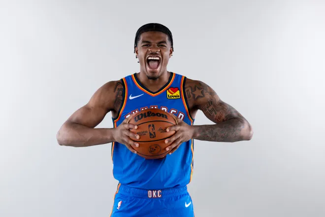 LAS VEGAS, NEVADA - JULY 15: Otega Oweh #13 of the Oklahoma City Thunder poses for a portrait during the 2026 NBA Rookie Photo Shoot at UNLV on July 15, 2026 in Las Vegas, Nevada. (Photo by Carmen Mandato/Getty Images)