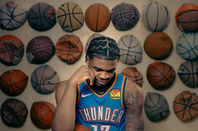 LAS VEGAS, NEVADA - JULY 15: (Editors Note: Tonal effects have been applied to this image) Otega Oweh #13 of the Oklahoma City Thunder poses for a portrait during the 2026 NBA Rookie Photo Shoot at UNLV on July 15, 2026 in Las Vegas, Nevada. (Photo by Carmen Mandato/Getty Images)