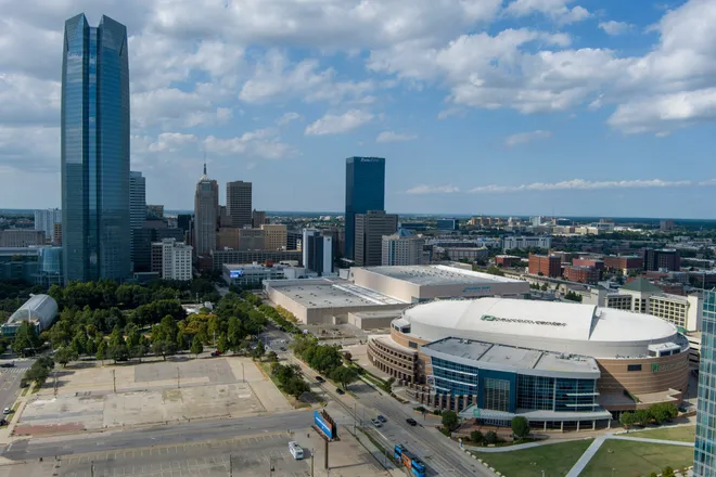 An exterior view of Paycom Center and downtown Oklahoma City, Friday, July 25, 2025.