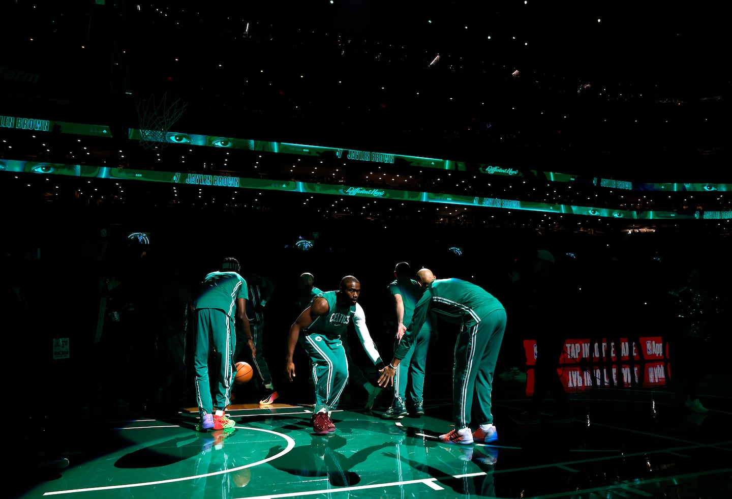 Jaylen Brown is introduced before the Celtics faced the Knicks in 2025.