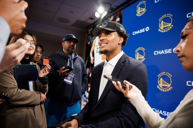 Golden State Warriors' first-round pick Yaxel Lendeborg participates in a press conference Friday, June 26, 2026, at Chase Center in San Francisco. (Dai Sugano/Bay Area News Group)