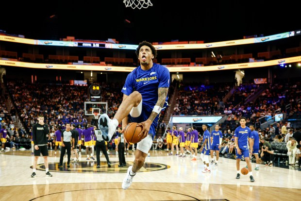 Golden State Warriors' Yaxel Lendeborg (1) dunks the ball during warm up before playing against the Los Angeles Lakers in a Summer League game at Chase Center in San Francisco, Calif., on Friday, July 3, 2026. (Shae Hammond/Bay Area News Group)