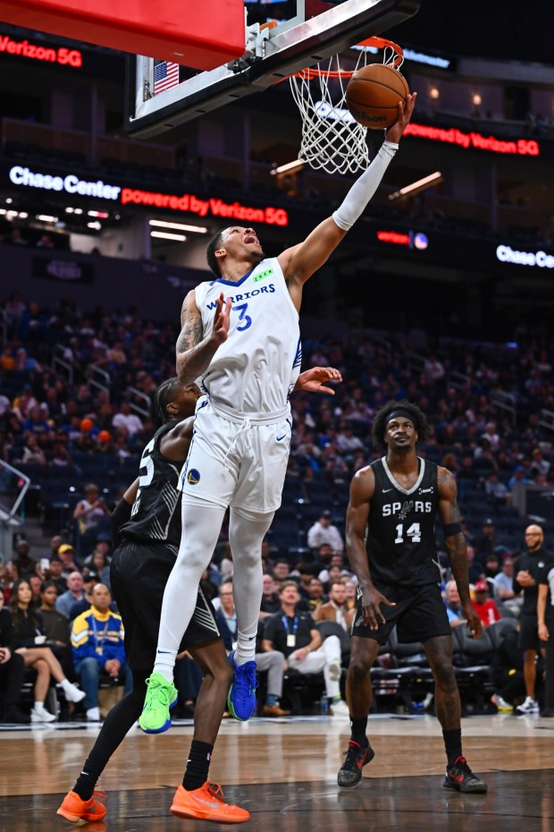 Golden State Warriors' Will Richard (3) goes up for a basket against the San Antonio Spurs in the first quarter of their California Classic Summer League game at Chase Center in San Francisco, Calif., on Sunday, July 5, 2026. (Jose Carlos Fajardo/Bay Area News Group)