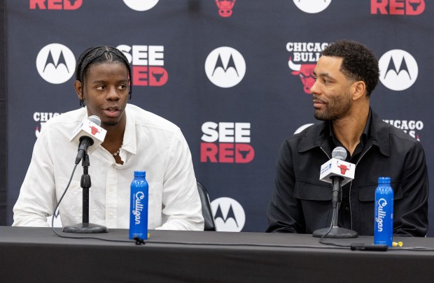 Bulls forward Caleb Wilson speaks to the media as he sits next to executive vice president of basketball operations Bryson Graham at an introductory news conference Friday, June 26, 2026, at the Advocate Center. (Josh Boland/Chicago Tribune)