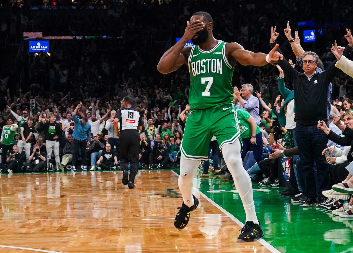 Jaylen Brown covers his eyes and shows his 3-pointer is good during the second quarter of Game 2 of 2025 Eastern Conference semifinals.