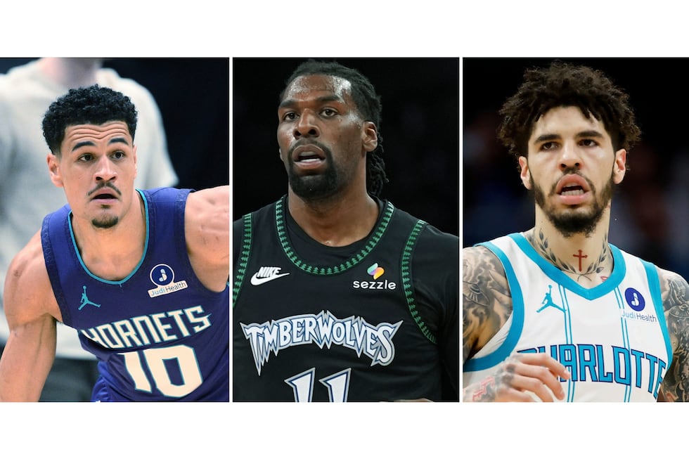 FILE - This photo combination shows, from left, Charlotte Hornets guard Josh Green (10), Feb....