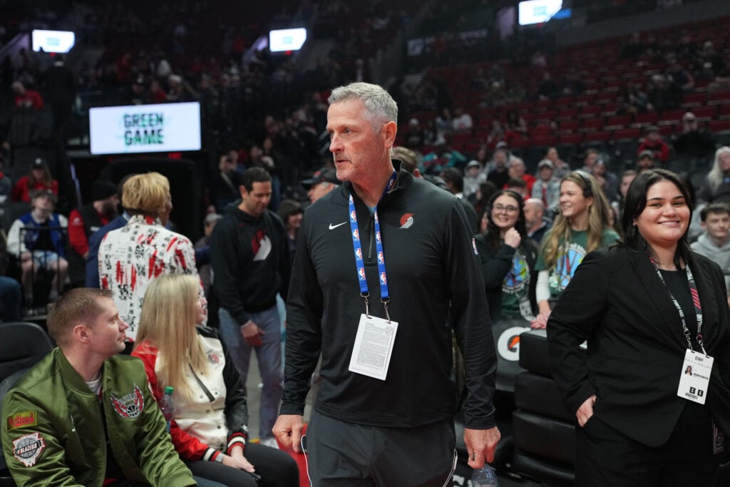Tom Dundon, Portland Trail Blazers owner, walks courtside prior to the game against the New Orleans Pelicans at Moda Center on April 02, 2026 in Portland, Oregon.