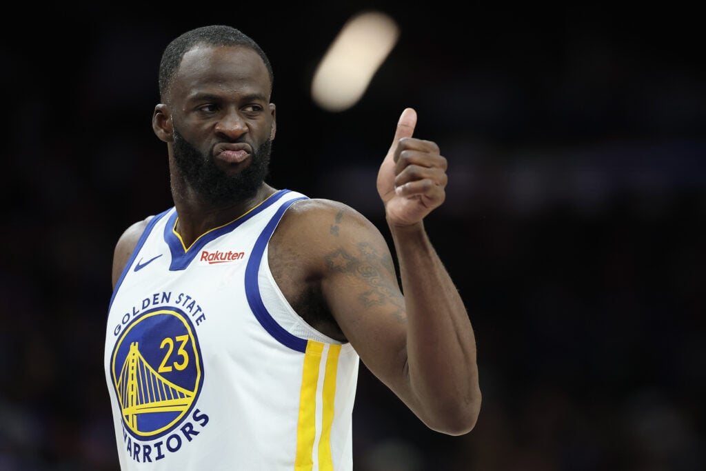 Draymond Green #23 of the Golden State Warriors reacts during the second half of an NBA play-in tournament game at Mortgage Matchup Center.