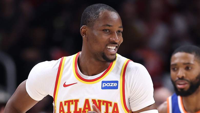 Atlanta Hawks forward Jonathan Kuminga runs up the court during a game against the New York Knicks.