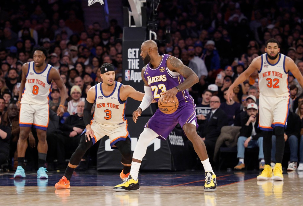 New York Knicks guard Josh Hart defends against Los Angeles Lakers forward LeBron James during the fourth quarter of the Los Angeles Lakers vs New York Knicks at Madison Square Garden in New York, New York, Sunday, February 01, 2026. 