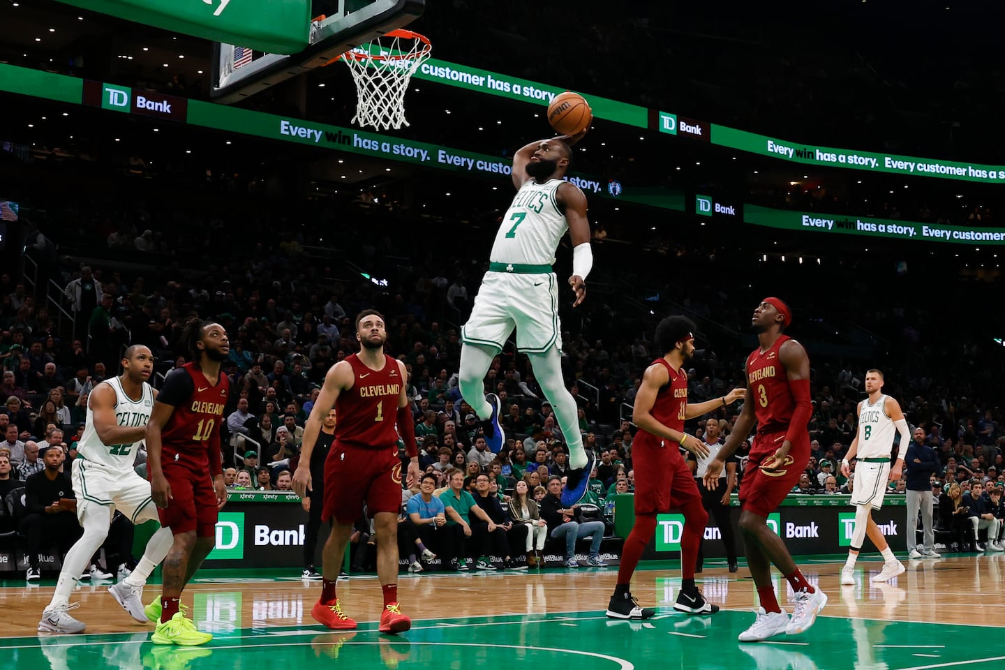Jaylen Brown scores against the Cleveland Cavaliers at TD Garden in 2023.