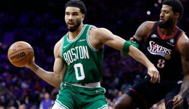 Paul George (right) battled Jayson Tatum and the Celtics in April's first-round NBA playoff series won by George's 76ers.