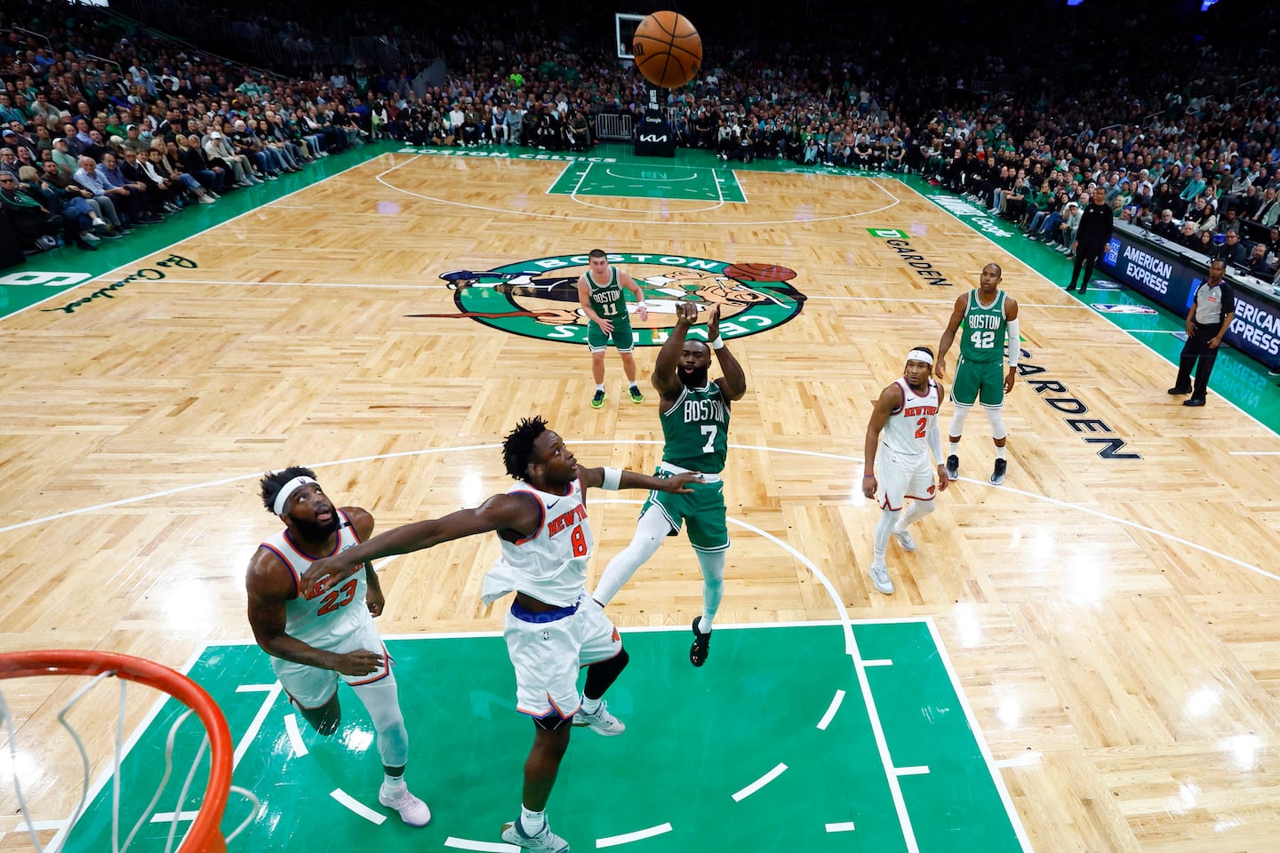 Jaylen Brown takes a shot during the fourth quarter of Game 2 of the 2025 Eastern Conference semifinals against the Knicks.