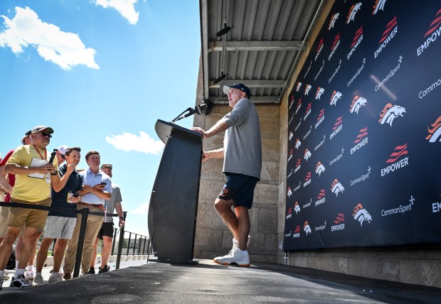 Head coach Sean Payton of the Denver Broncos speaks after practice at Broncos Park in Centennial, Colorado on Thursday, July 30, 2026. (Photo by AAron Ontiveroz/The Denver Post)