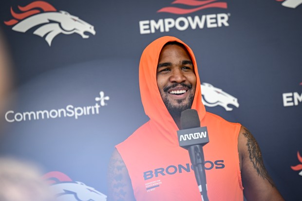 Jaylen Waddle (17) of the Denver Broncos speaks to members of the media during OTAs at the Broncos Park in Centennial, Colorado on Thursday, June 4, 2026. (Photo by AAron Ontiveroz/The Denver Post)