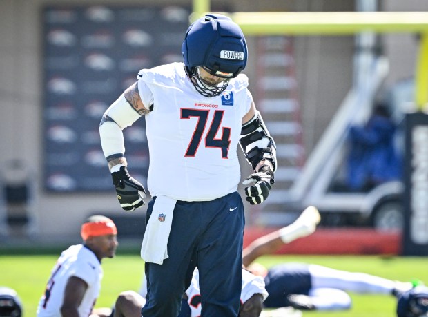Ben Powers (74) of the Denver Broncos prepares to break off with his group during practice at Broncos Park in Centennial, Colorado on Thursday, July 30, 2026. (Photo by AAron Ontiveroz/The Denver Post)