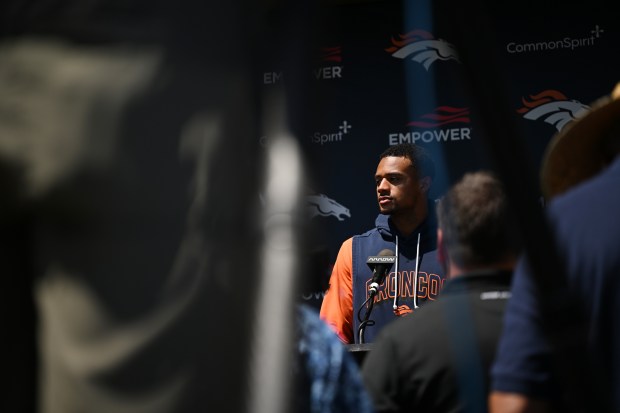 Denver Broncos cornerback Pat Surtain II (2) talks with media during the 2026 training camp acclimation period at Broncos Park on Tuesday, July 28, 2026, in Centennial. (Photo by RJ Sangosti/The Denver Post)