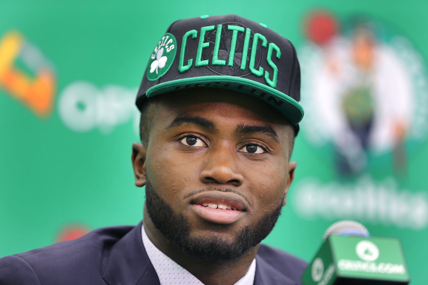 Jaylen Brown speaks to the media during his introductory news conference after he was chosen with the third pick in the NBA Draft in 2016.