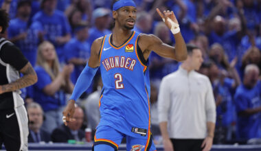 May 30, 2026; Oklahoma City, Oklahoma, USA; Oklahoma City Thunder guard Shai Gilgeous-Alexander (2) reacts in the second quarter against the San Antonio Spurs during game seven of the western conference finals for the 2026 NBA playoffs at Paycom Center. Mandatory Credit: Alonzo Adams-Imagn Images