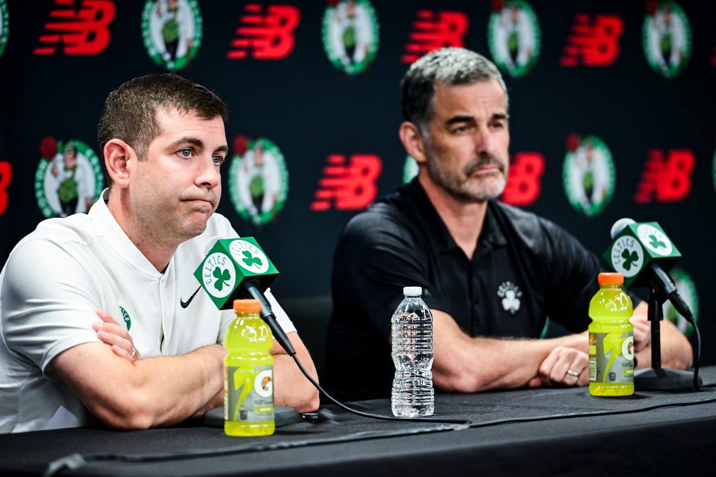 Celtics president of basketball operations Brad Stevens (left) and lead governor Bill Chisholm spoke for about 45 minutes about the Jaylen Brown trade.