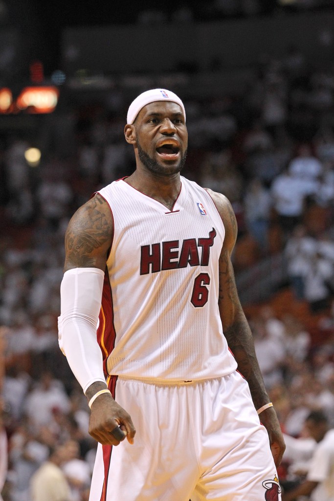 LeBron James yelling in a Miami Heat uniform.